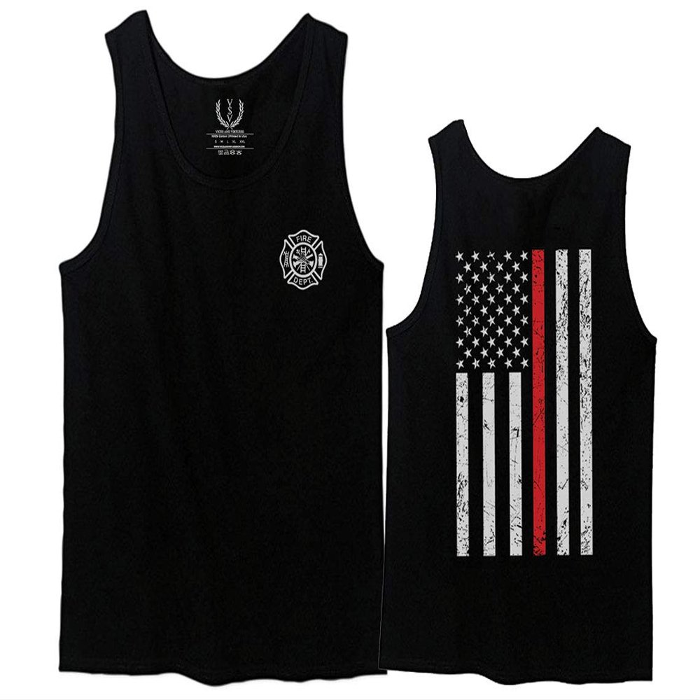 0058. American Flag Thin Red Line Firefighter Support Seal Men's Tank Top (Black, Large)