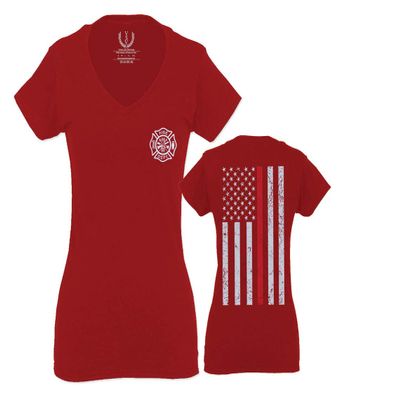 0058. American Flag Thin Red Line Firefighter Support Seal for Women V Neck Fitted T Shirt (Red, Small)