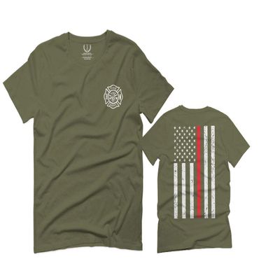 0058. American Flag Thin Red Line Firefighter Support Seal for Men T Shirt (Olive Green, 2X-Large)
