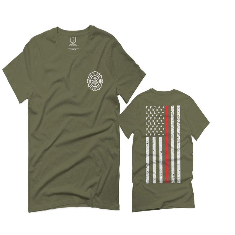 0058. American Flag Thin Red Line Firefighter Support Seal for Men T Shirt (Olive Green, 2X-Large)