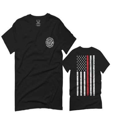 0058. American Flag Thin Red Line Firefighter Support Seal for Men T Shirt (Black 2X-Large)