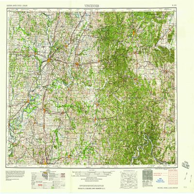 YellowMaps Vincennes in topo map, 1:250000 Scale, 1 X 2 Degree, Historical, 1958, 22.2 x 32.3 in - Tyvek