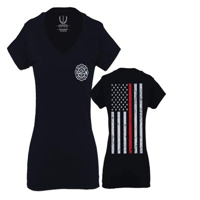 0058. American Flag Thin Red Line Firefighter Support Seal for Women V Neck Fitted T Shirt (Black, Small)