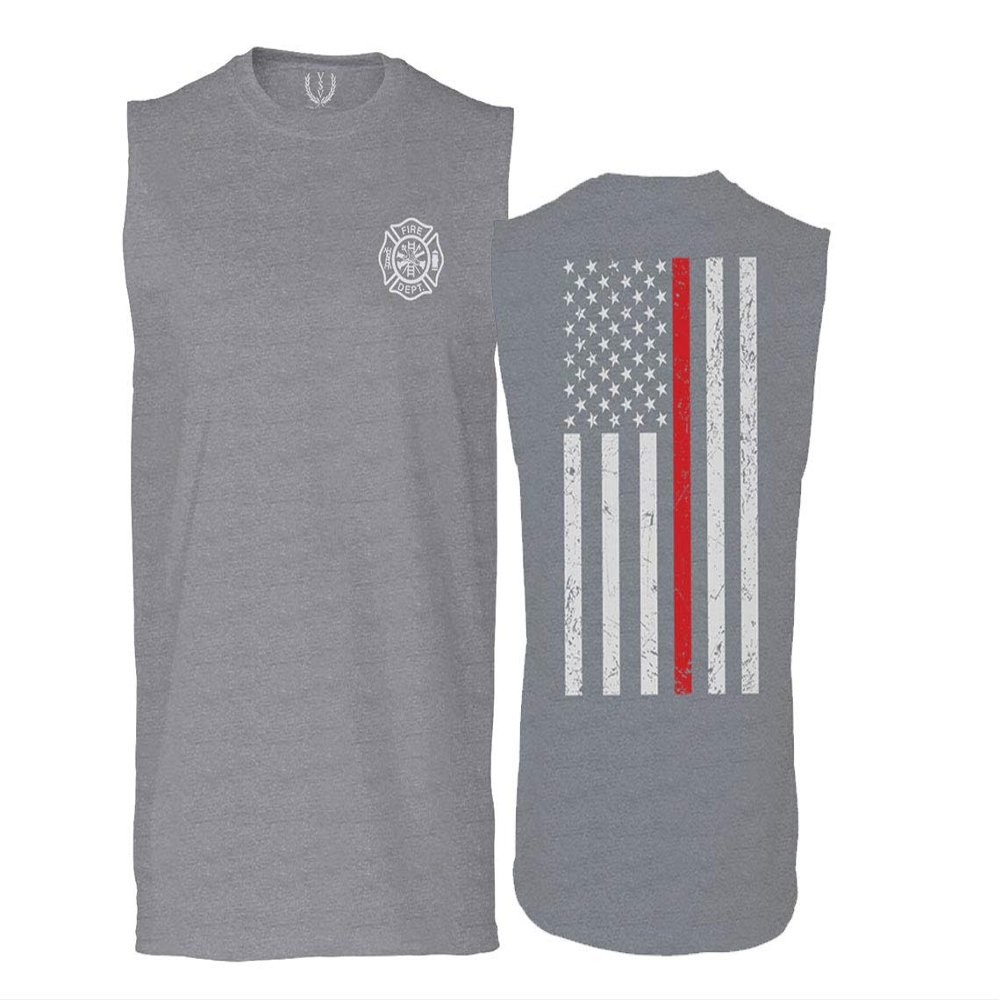 0058. American Flag Thin Red Line Firefighter Support Seal Men's Muscle Tank Sleeveles t Shirt (Light Gray X Large)