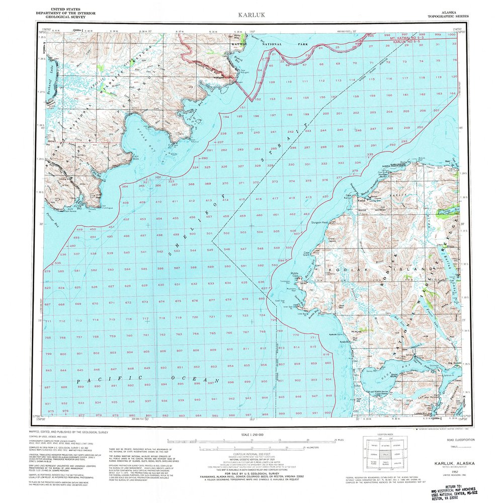 YellowMaps Karluk AK topo map, 1:250000 Scale, 1 X 2 Degree, Historical, 1952, Updated 1982, 23 x 22.8 in - Tyvek