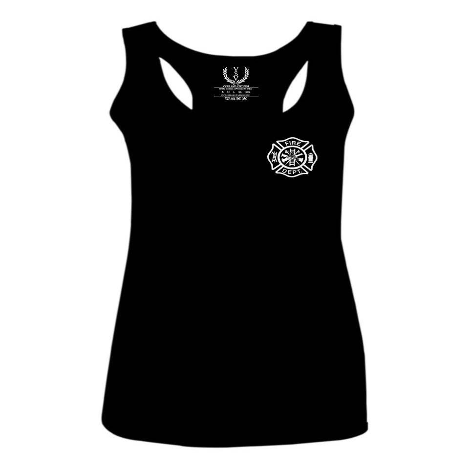 0058. American Flag Thin Red Line Firefighter Support Seal Women's Tank Top Racerback (Black, Small)