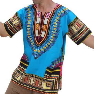 RaanPahMuang Traditional African Dashiki Shirt in Light Thin Grade Batik Cotton, X-Small, Dodger Blue