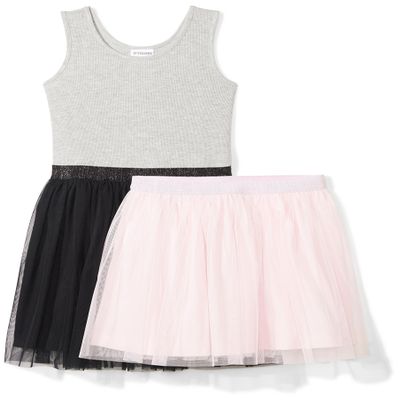 Amazon Brand - Spotted Zebra Girls' Knit Sleeveless Tutu Tank Dress and Skirt Set, Black/Pink, Small