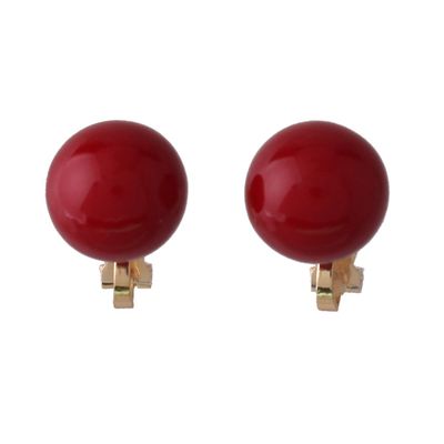 Bridal Wedding Clip Earrings No Pierced Silver/Gold Plated Charm Jewelry Pearl earrings (12mm gold red)