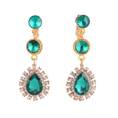 Grace Jun Fashion Bridal Austria Crystal Rhinestone Long Water Drop Shape Clip on Earrings Non Pierced Earrings (Gold green)