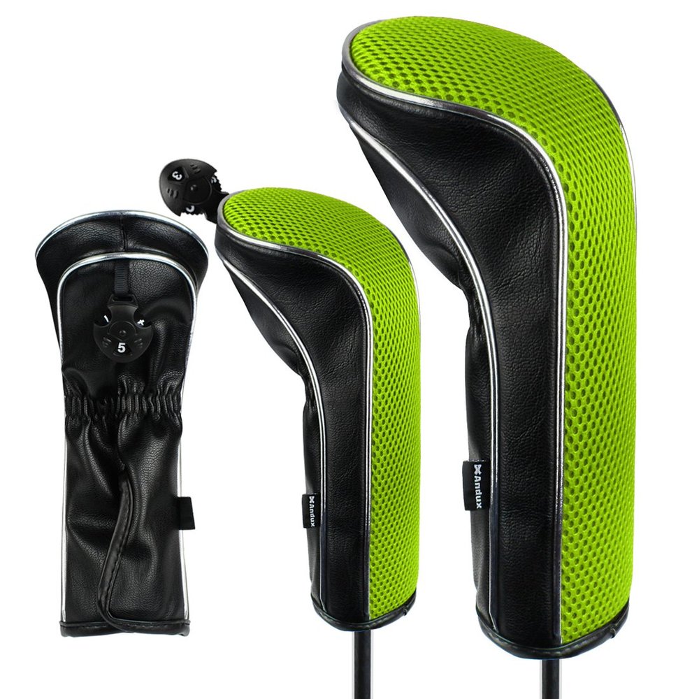 Andux 3pcs/Set Golf 460cc Driver Fairway Wood Club Head Covers Hook&Loop Long Neck Black/Green