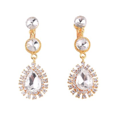 Grace Jun Fashion Bridal Austria Crystal Rhinestone Long Water Drop Shape Clip on Earrings Non Earrings (Gold White)