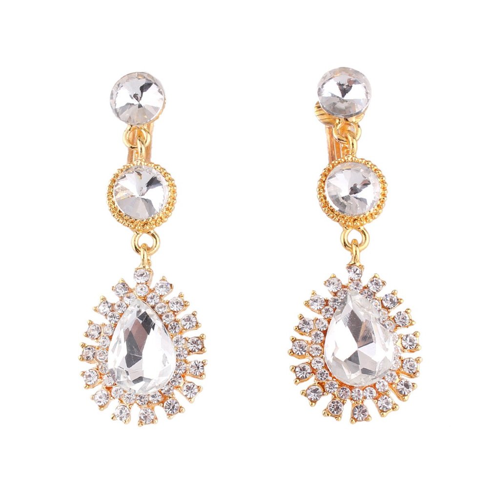 Grace Jun Fashion Bridal Austria Crystal Rhinestone Long Water Drop Shape Clip on Earrings Non Earrings (Gold White)