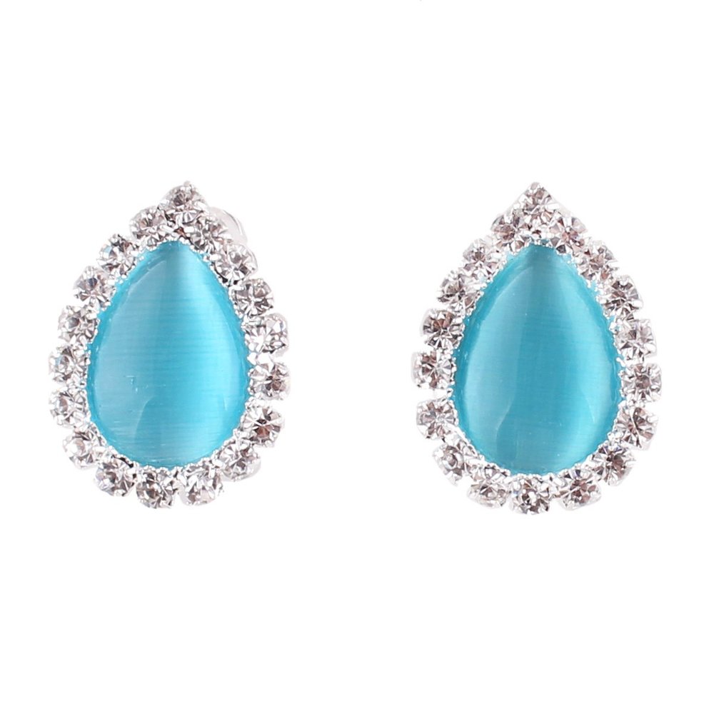 Grace Jun Fashion Rhinestone Opal Silver Plated Water Drop Clip on Earrings Non Piercing Bijouterie (Lake blue)