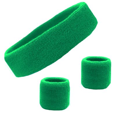 Kenz Laurenz Sweatband Set Cotton Sports Headband Terry Cloth Wristband Moisture Wicking Sweat Absorbing Athletic Exercise Basketball Wrist Sweatbands and Headbands (Green) Fits Most