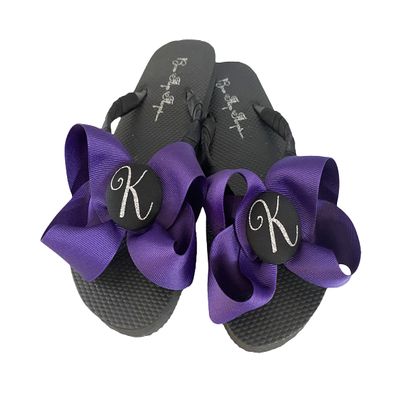 Purple Glitter Personalized Flip Flops, Initial Button with Bows, Customized Colors, Vacation Wedding and Birthday Gift