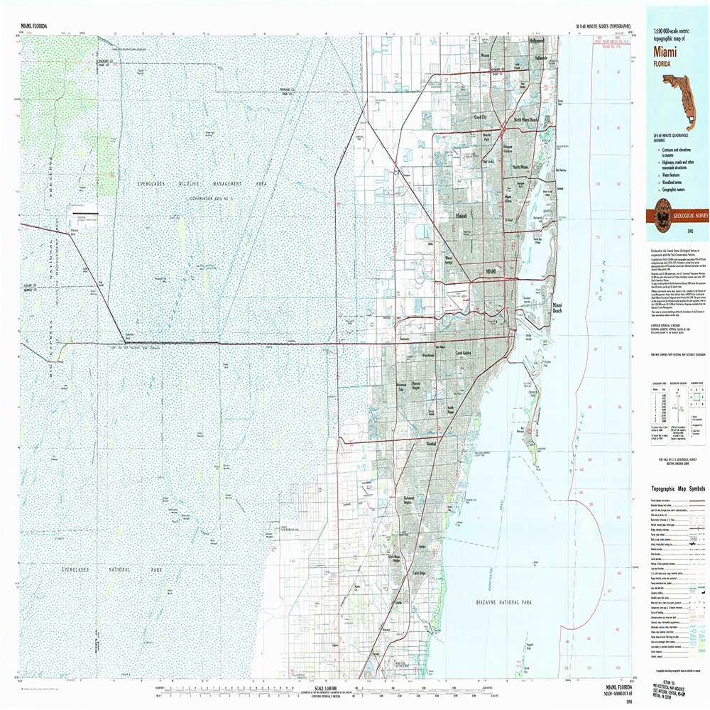 YellowMaps Miami FL topo map, 1:100000 Scale, 30 X 60 Minute, Historical, 1981, Updated 1982, 24.1 x 45.9 in - Tyvek