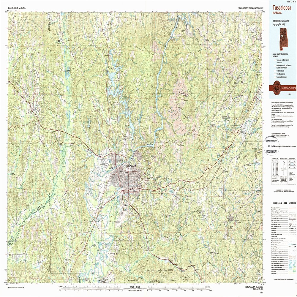 YellowMaps Tuscaloosa AL topo map, 1:100000 Scale, 30 X 60 Minute, Historical, 1984, Updated 1988, 23.9 x 42.8 in - Tyvek