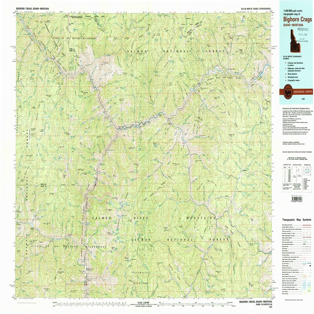 YellowMaps Bighorn Crags ID topo map, 1:100000 Scale, 30 X 60 Minute, Historical, 1982, Updated 1982, 24.1 x 38 in - Tyvek