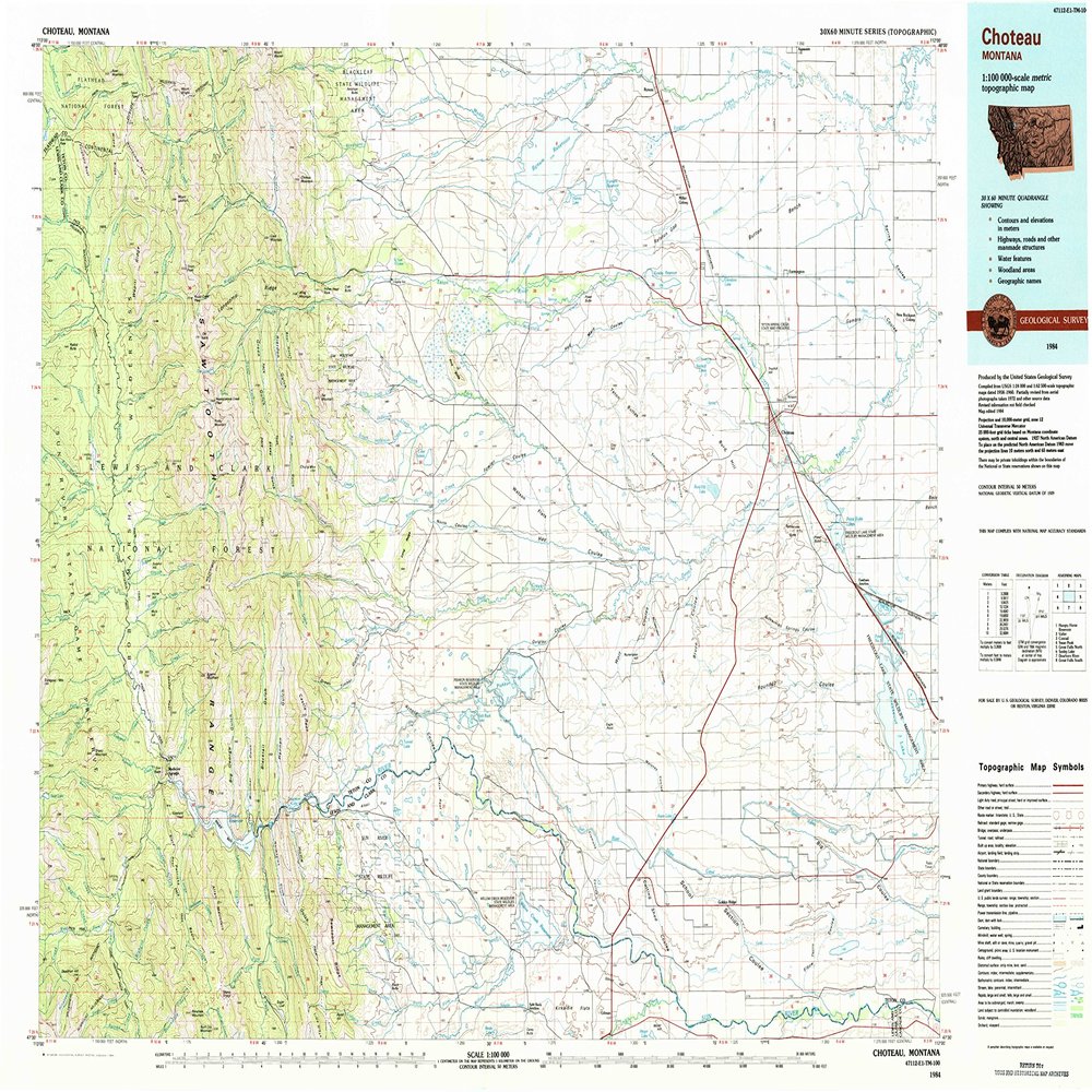 YellowMaps Choteau MT topo map, 1:100000 Scale, 30 X 60 Minute, Historical, 1984, Updated 1984, 24.1 x 36 in - Tyvek