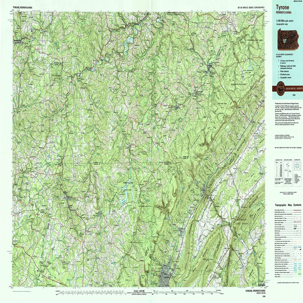 YellowMaps Tyrone PA topo map, 1:100000 Scale, 30 X 60 Minute, Historical, 1984, Updated 1985, 24.1 x 40 in - Tyvek