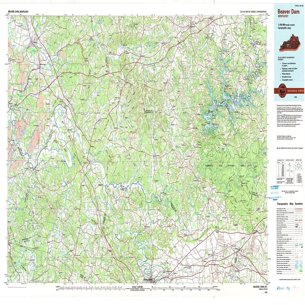 YellowMaps Beaver Dam KY topo map, 1:100000 Scale, 30 X 60 Minute, Historical, 1981, Updated 1984, 25 x 41.2 in - Tyvek
