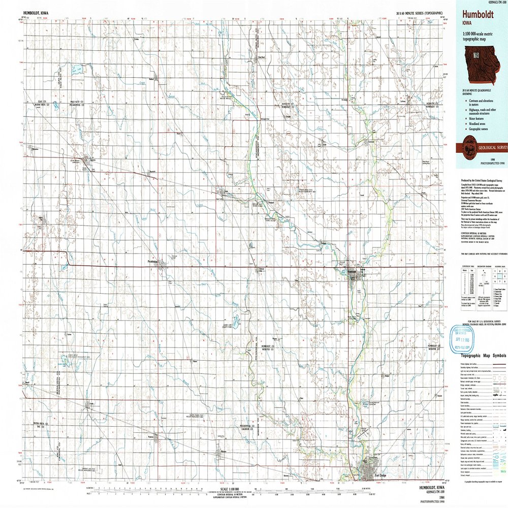 YellowMaps Humboldt IA topo map, 1:100000 Scale, 30 X 60 Minute, Historical, 1984, Updated 1992, 24.1 x 39 in - Tyvek