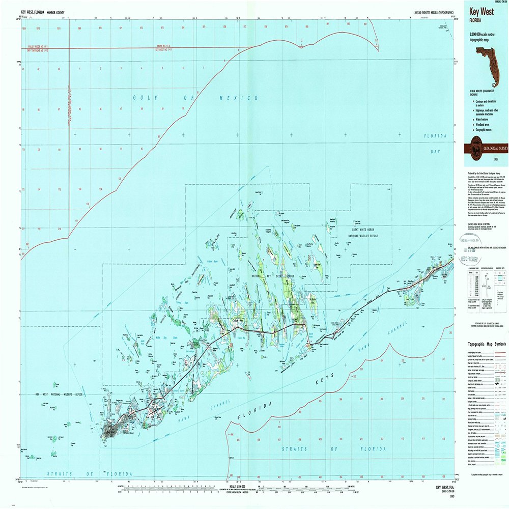 YellowMaps Key West FL topo map, 1:100000 Scale, 30 X 60 Minute, Historical, 1983, Updated 1984, 24.1 x 46.8 in - Tyvek