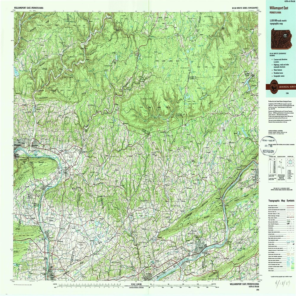 YellowMaps Williamsport East PA topo map, 1:100000 Scale, 30 X 60 Minute, Historical, 1984, Updated 1988, 24.1 x 40 in - Tyvek