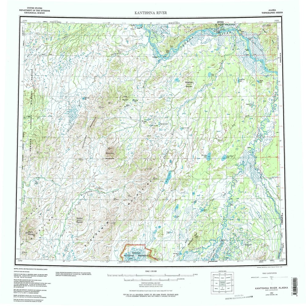 YellowMaps Kantishna River AK topo map, 1:250000 Scale, 1 X 3 Degree, Historical, 1952, Updated 1983, 22.7 x 27.1 in - Tyvek