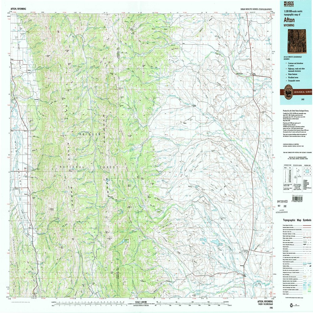 YellowMaps Afton WY topo map, 1:100000 Scale, 30 X 60 Minute, Historical, 1982, Updated 1982, 24.1 x 38.5 in - Tyvek