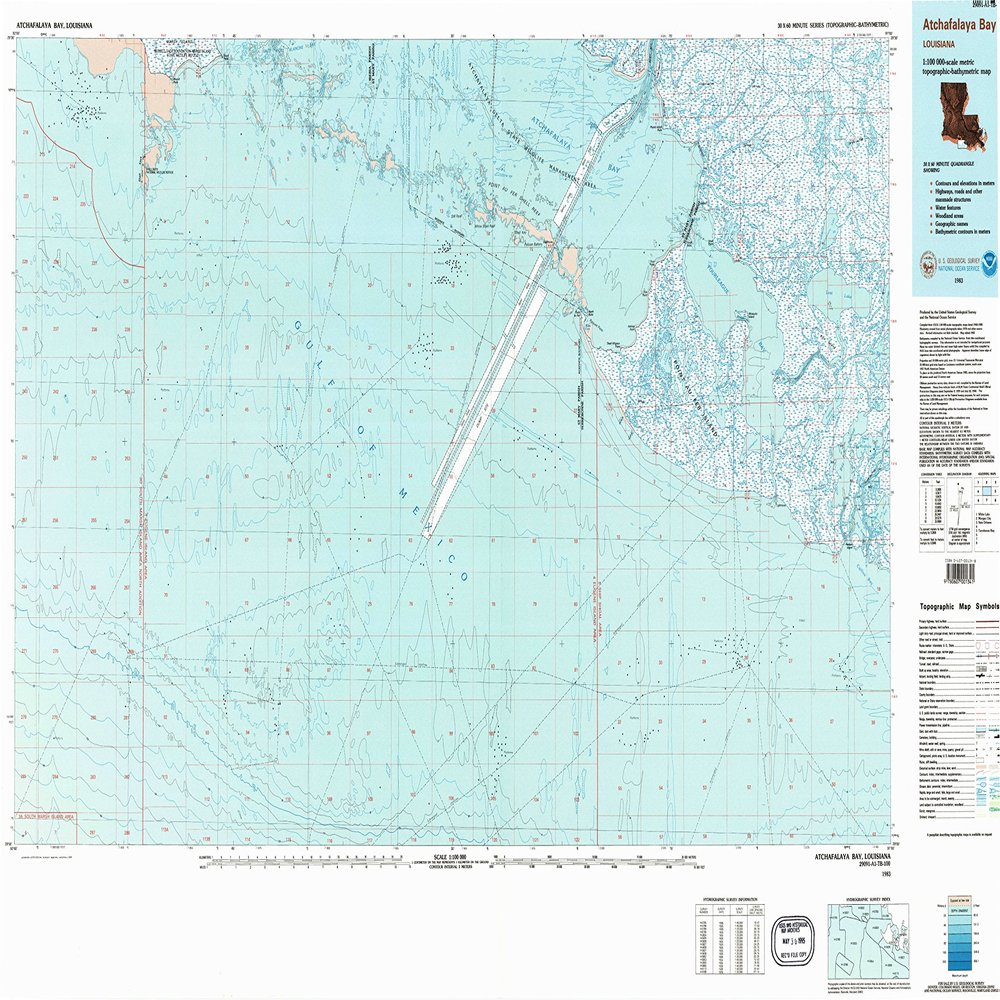 YellowMaps Atchafalaya Bay LA topo map, 1:100000 Scale, 30 X 60 Minute, Historical, 1983, Updated 1983, 27.1 x 43.8 in - Tyvek