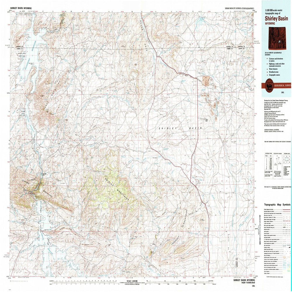 YellowMaps Shirley Basin WY topo map, 1:100000 Scale, 30 X 60 Minute, Historical, 1981, Updated 1981, 24.2 x 38.8 in - Tyvek