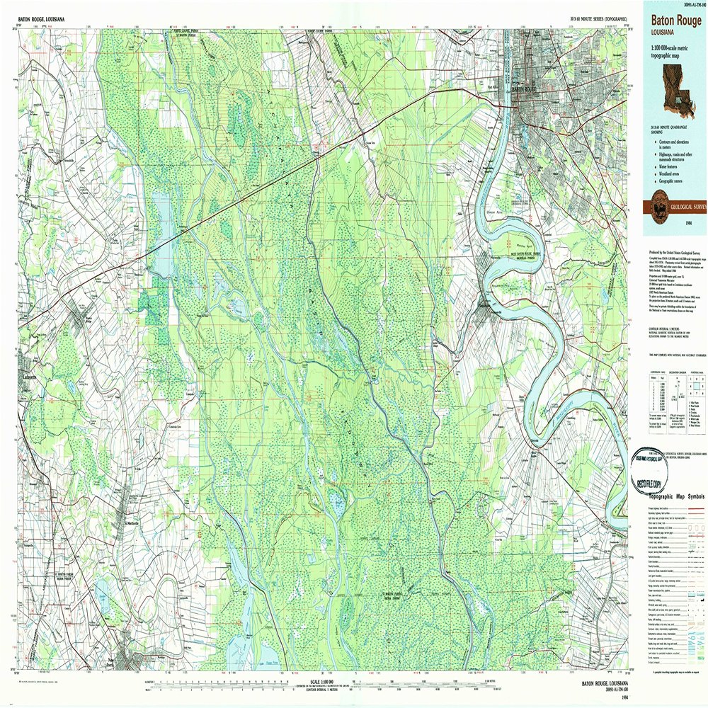 YellowMaps Baton Rouge LA topo map, 1:100000 Scale, 30 X 60 Minute, Historical, 1984, Updated 1984, 24.1 x 44 in - Tyvek
