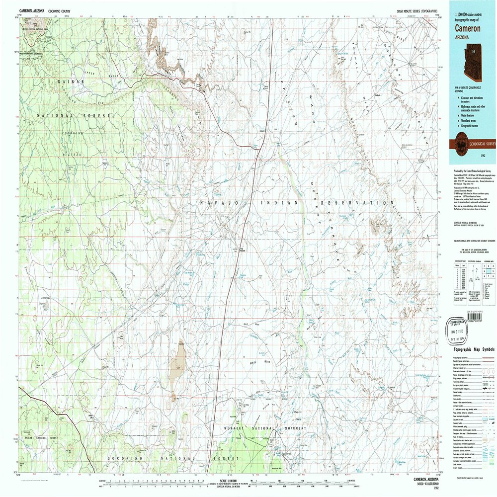 YellowMaps Cameron AZ topo map, 1:100000 Scale, 30 X 60 Minute, Historical, 1982, Updated 1983, 23.9 x 42.3 in - Tyvek