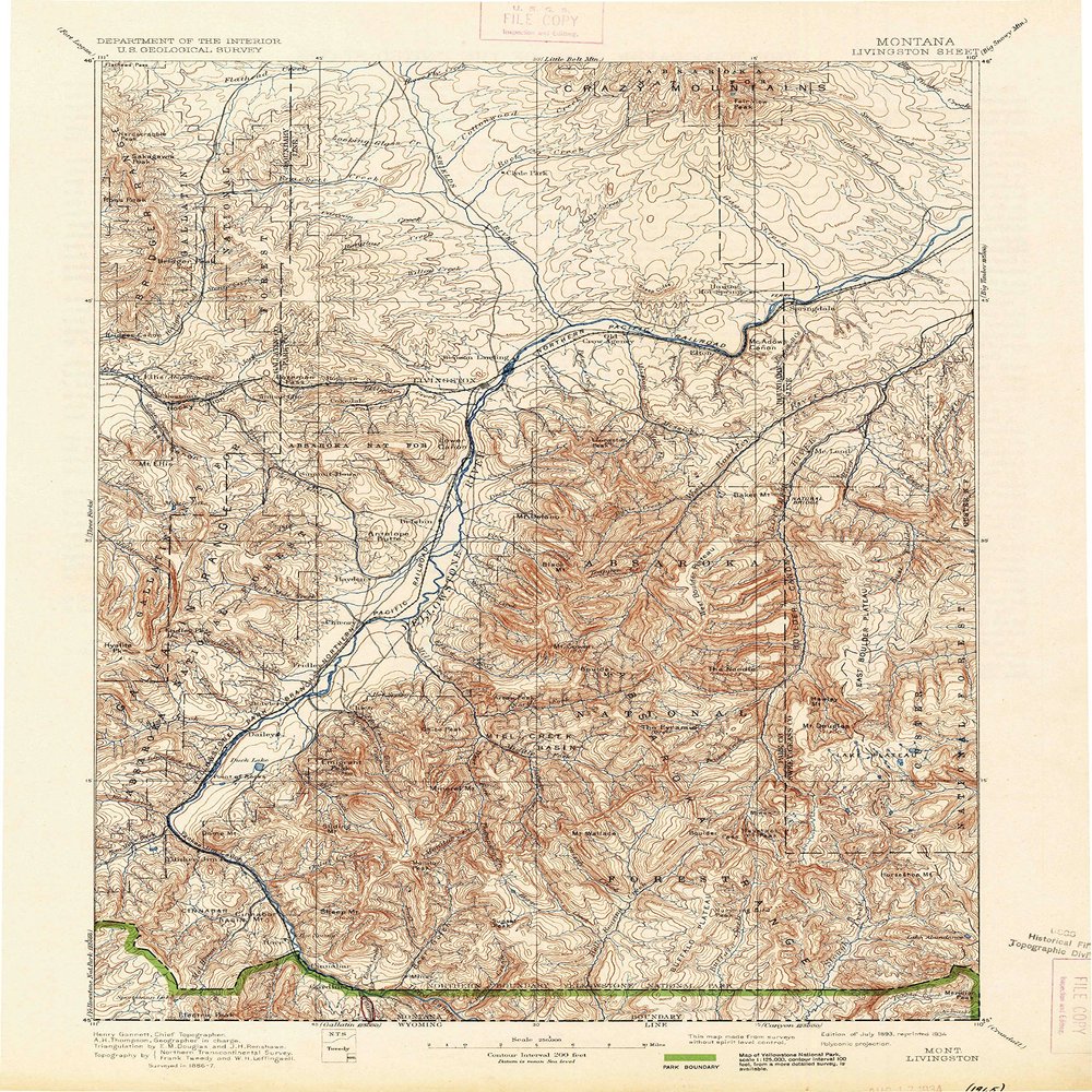 YellowMaps Livingston MT topo map, 1:250000 Scale, 1 X 1 Degree, Historical, 1893, Updated 1934, 19.9 x 15.3 in - Tyvek