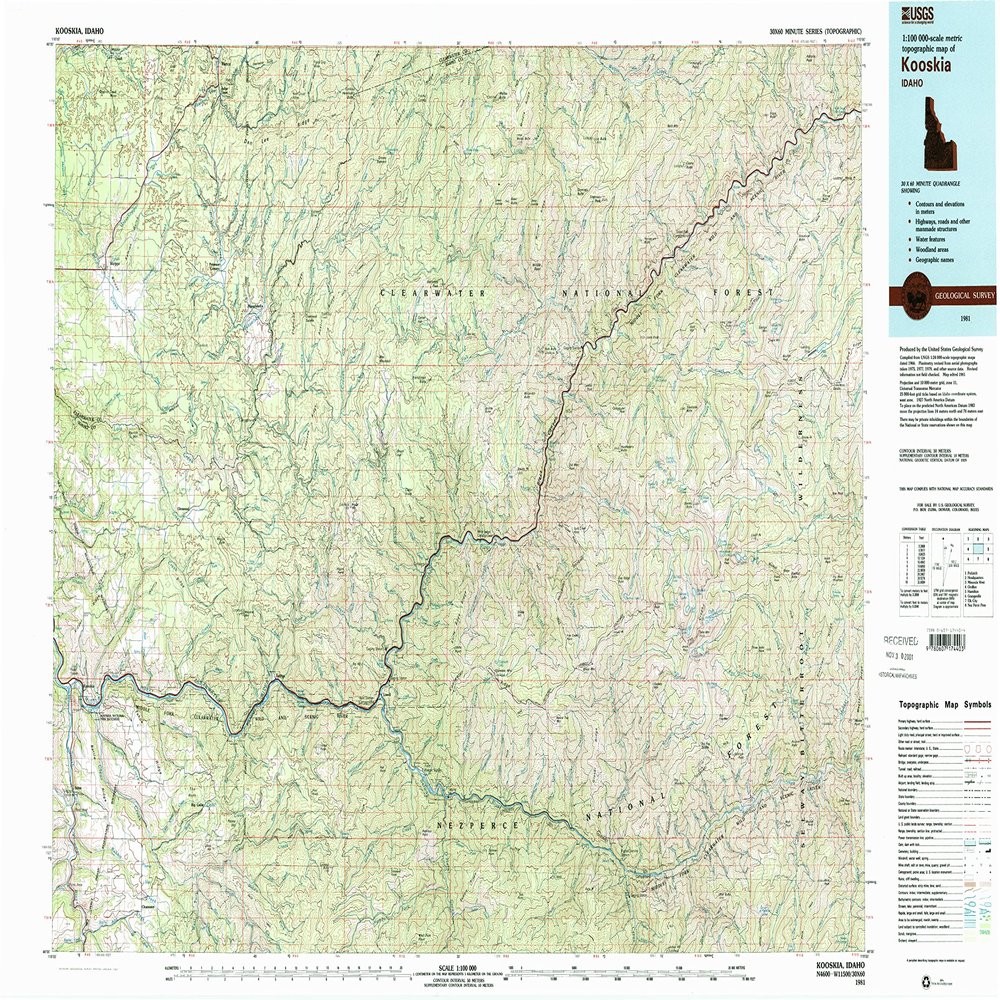 YellowMaps Kooskia ID topo map, 1:100000 Scale, 30 X 60 Minute, Historical, 1981, Updated 1981, 24.1 x 37.5 in - Tyvek