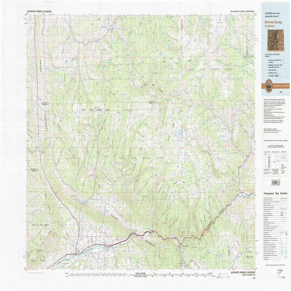 YellowMaps Glenwood Springs CO topo map, 1:100000 Scale, 30 X 60 Minute, Historical, 1981, Updated 1982, 25.1 x 43.1 in - Tyvek