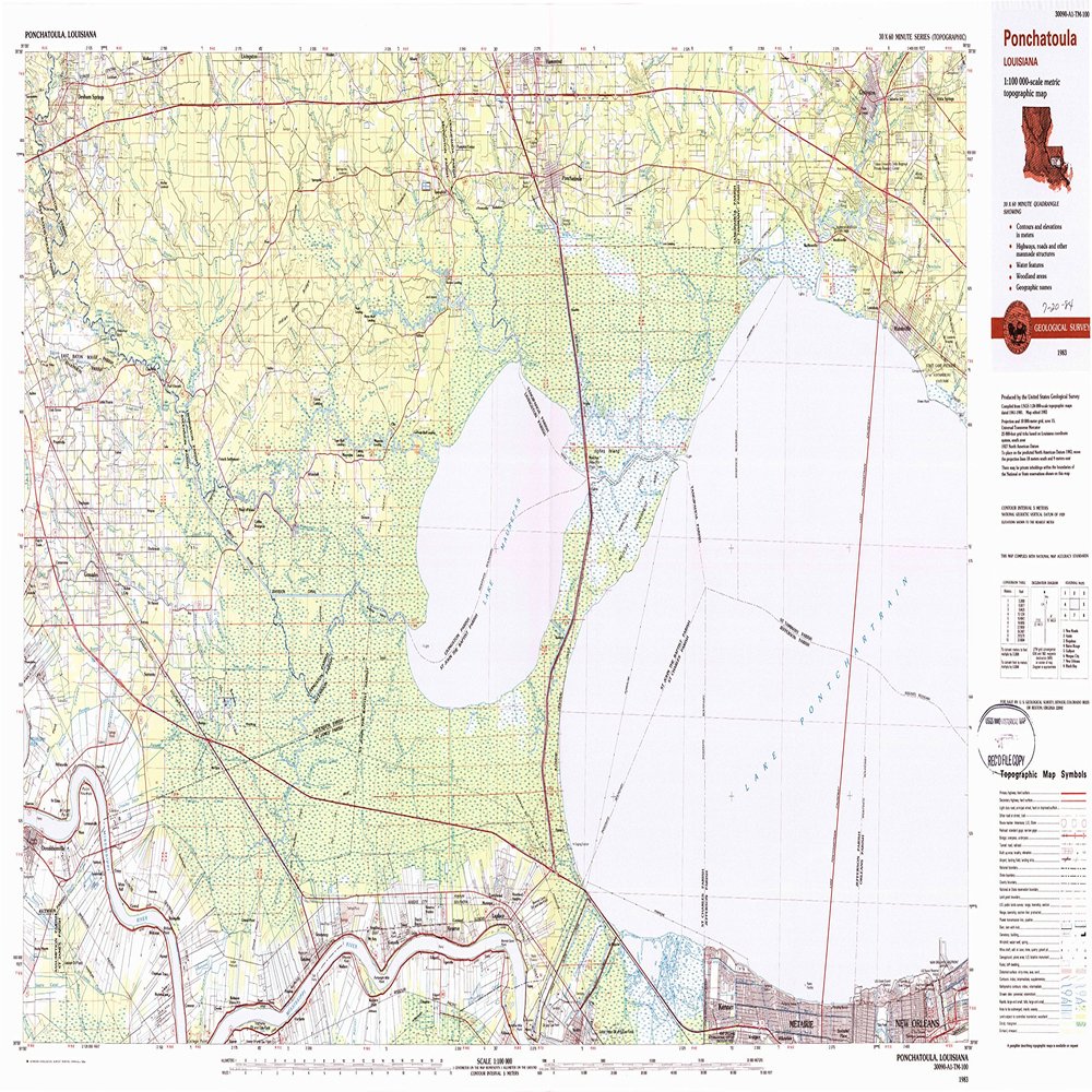 YellowMaps Ponchatoula LA topo map, 1:100000 Scale, 30 X 60 Minute, Historical, 1983, Updated 1984, 24 x 43.9 in - Tyvek