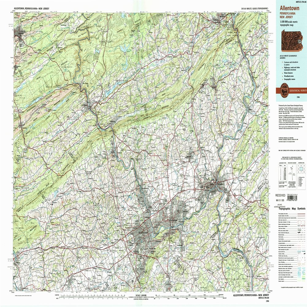 YellowMaps Allentown PA topo map, 1:100000 Scale, 30 X 60 Minute, Historical, 1984, Updated 1988, 24.1 x 40.1 in - Tyvek