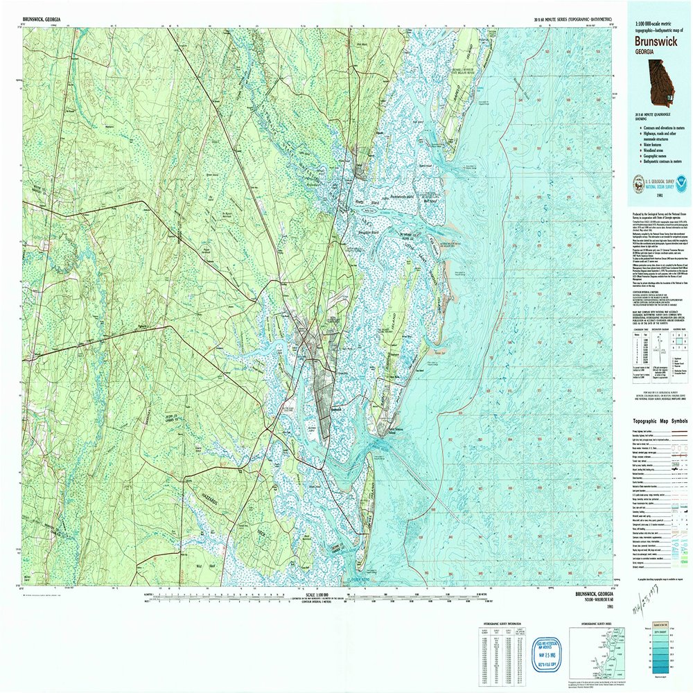 YellowMaps Brunswick GA topo map, 1:100000 Scale, 30 X 60 Minute, Historical, 1981, Updated 1993, 27.1 x 44.1 in - Tyvek
