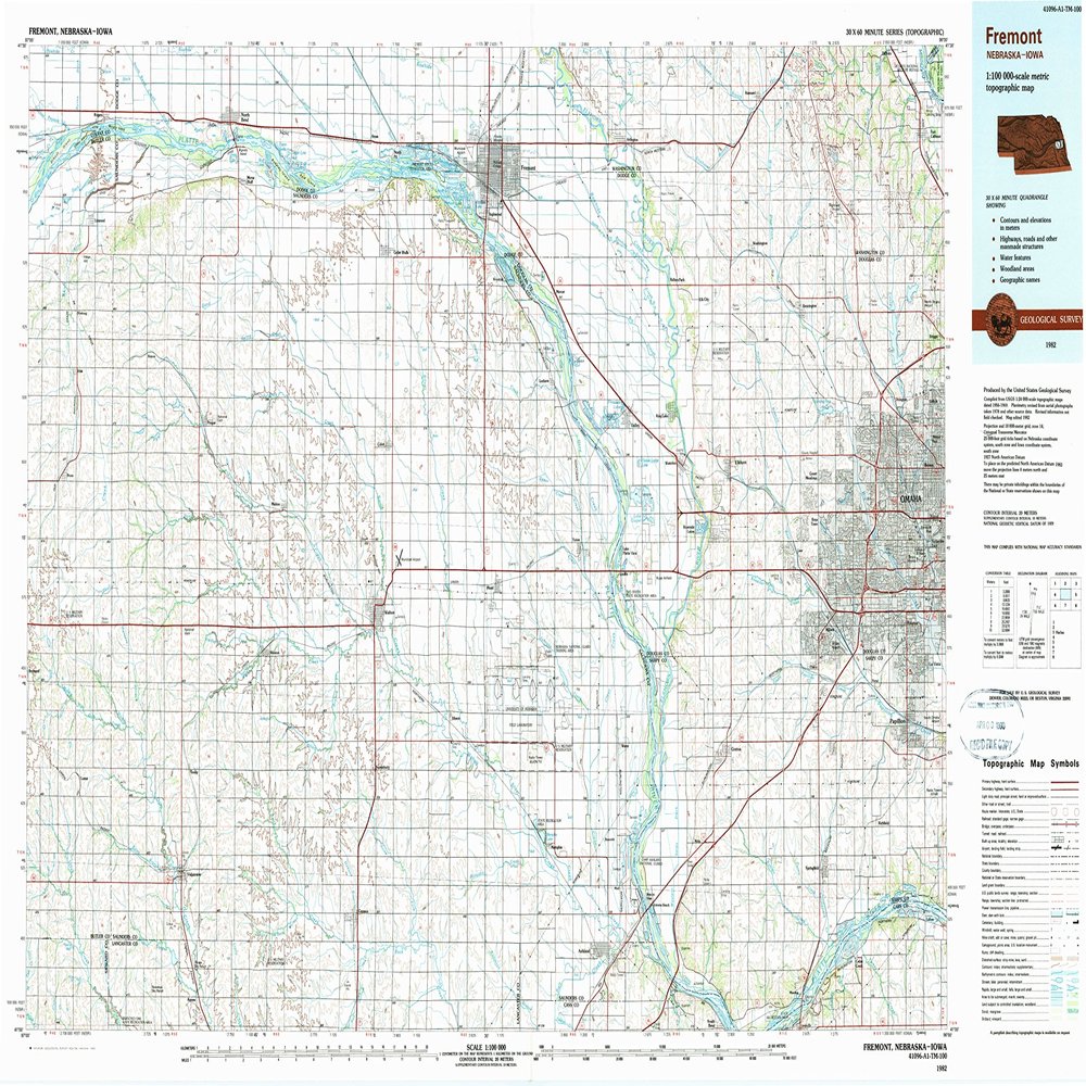 YellowMaps Fremont NE topo map, 1:100000 Scale, 30 X 60 Minute, Historical, 1982, Updated 1982, 24.1 x 39.1 in - Tyvek
