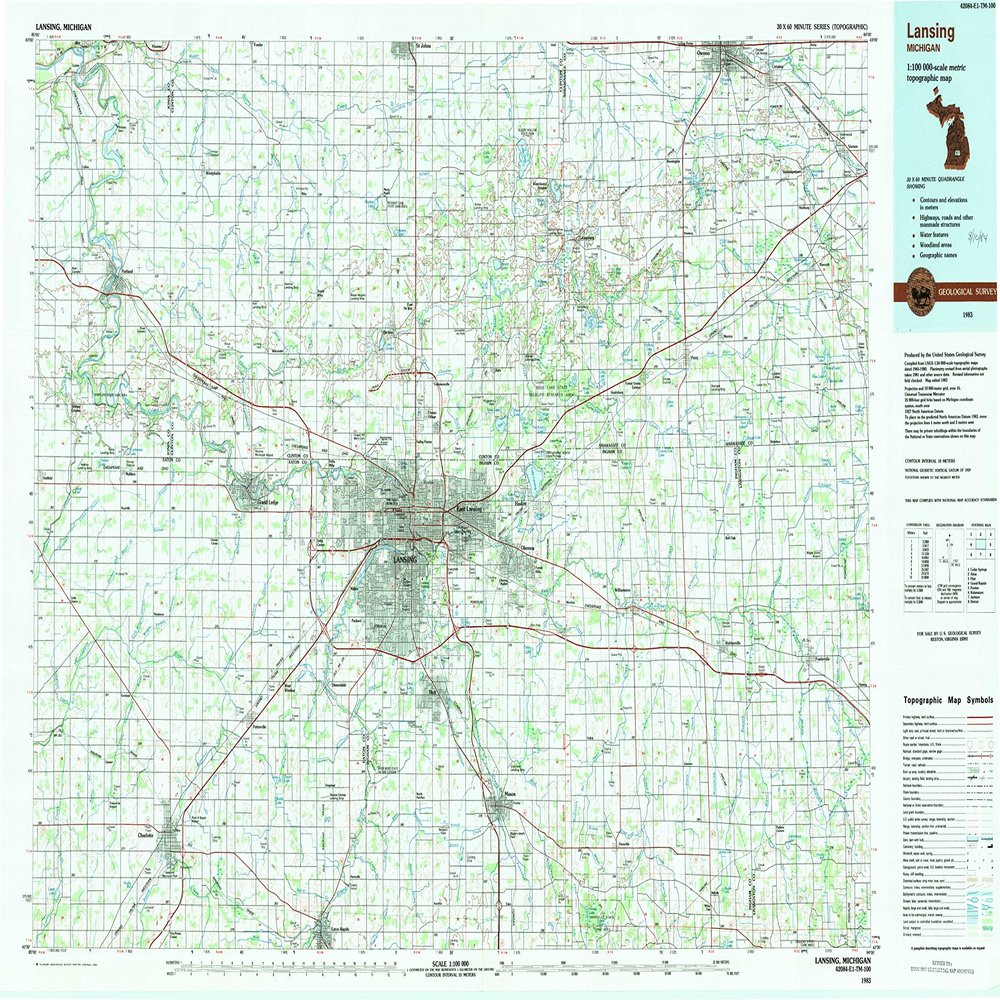 YellowMaps Lansing MI topo map, 1:100000 Scale, 30 X 60 Minute, Historical, 1983, Updated 1984, 24.1 x 38.6 in - Tyvek