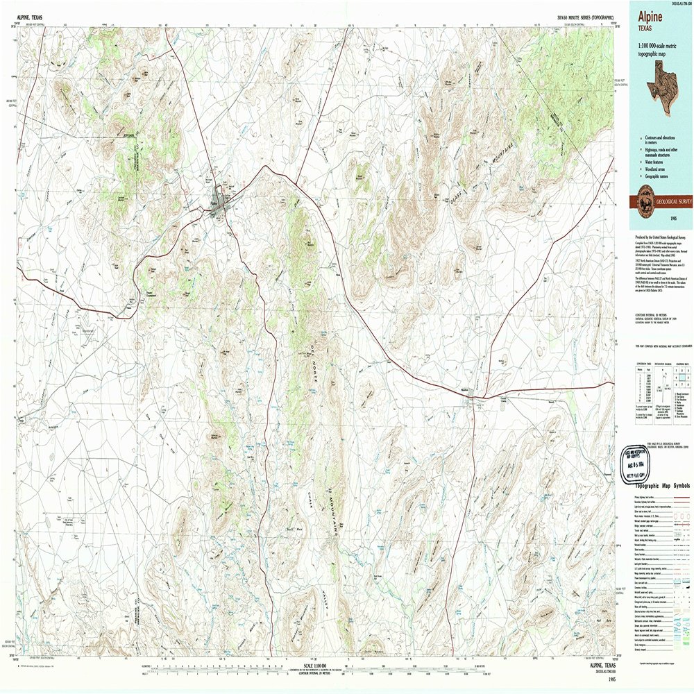 YellowMaps Alpine TX topo map, 1:100000 Scale, 30 X 60 Minute, Historical, 1985, Updated 1994, 24.1 x 44 in - Tyvek