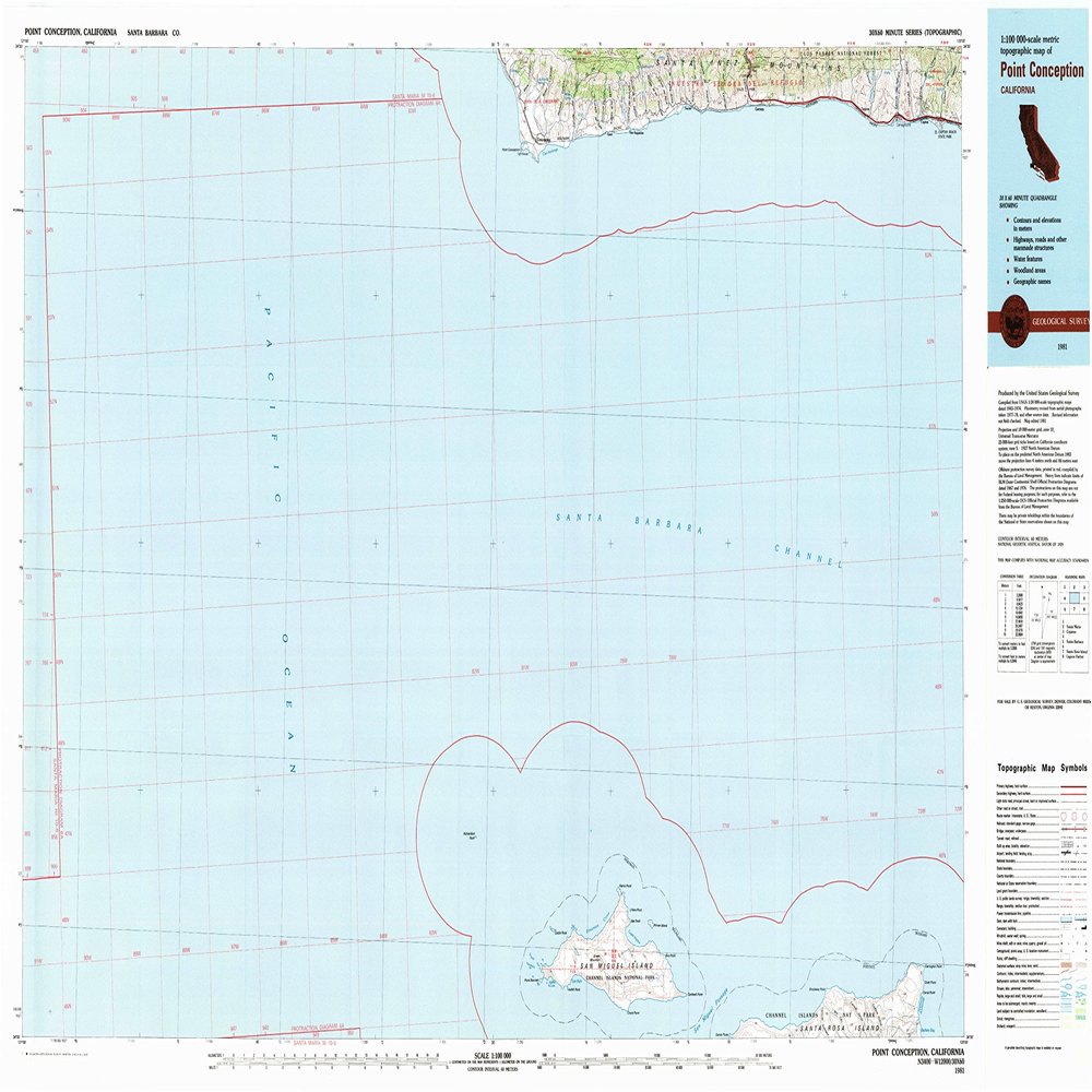 YellowMaps Point Conception CA topo map, 1:100000 Scale, 30 X 60 Minute, Historical, 1981, Updated 1981, 24.1 x 42.2 in - Tyvek