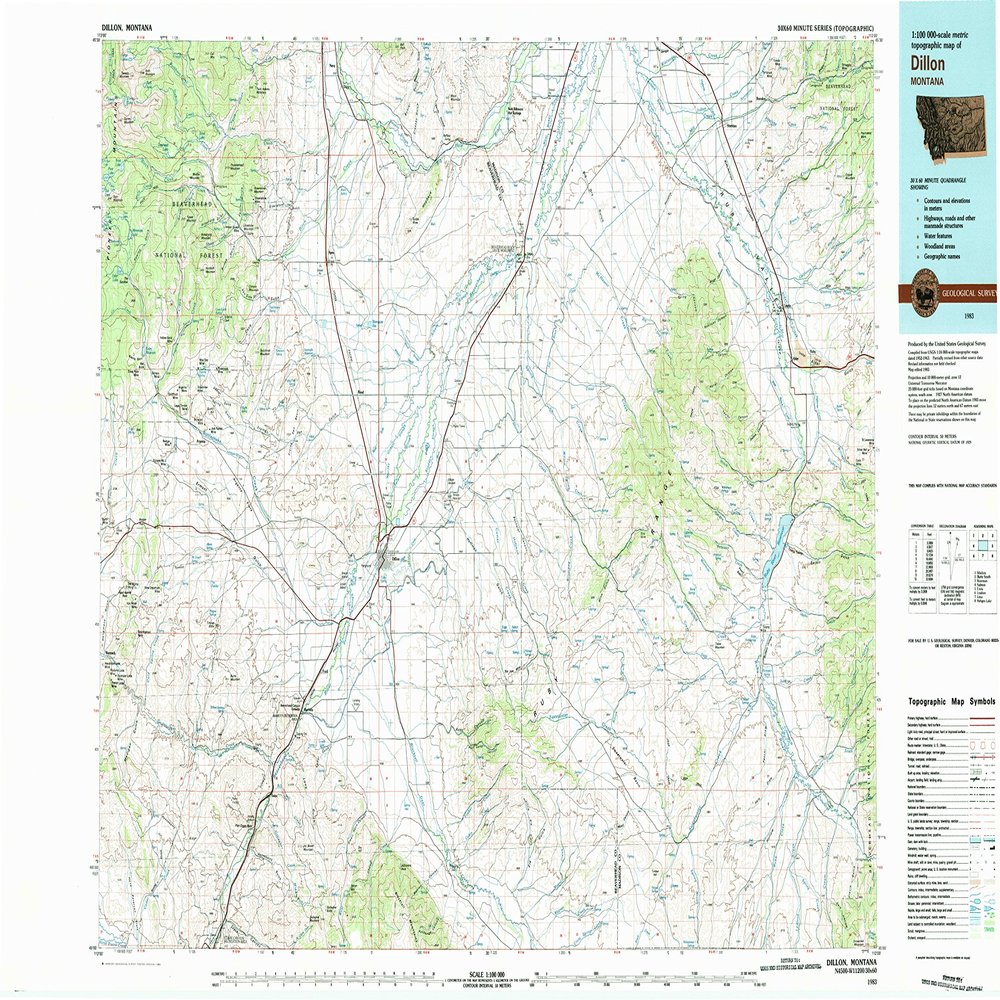 Dillon MT topo map, 1:100000 Scale, 30 X 60 Minute, Historical, 1983, Updated 1983, 24.1 x 39.9 in - Tyvek