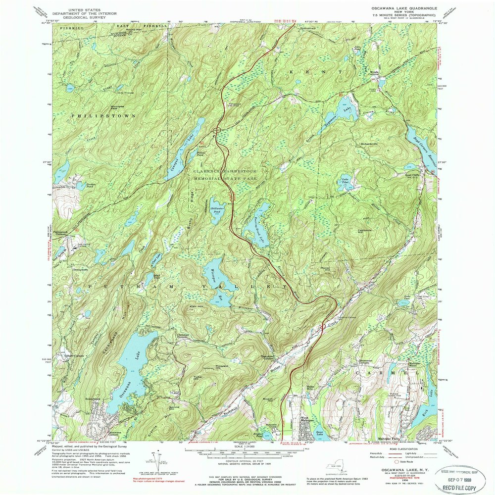 YellowMaps Oscawana Lake NY topo map, 1:24000 Scale, 7.5 X 7.5 Minute, Historical, 1956, Updated 1988, 26.9 x 22 in - Tyvek