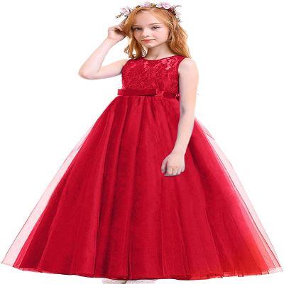 Prom Dress - Dress for Kids - Girls Party Dress jr Bridesmaid Dresses - Flower Girl Pageant Embroidery Lace Tulle Dress for Kids Wedding Bridesmaid Birthday Party Formal Princess Gown Red 7-8 Years