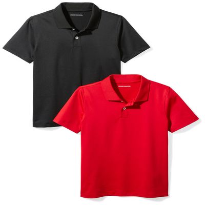 Amazon Essentials Boys' Short-Sleeve Active Performance Polo Shirts, Pack of 2, Black/Red, X-Large