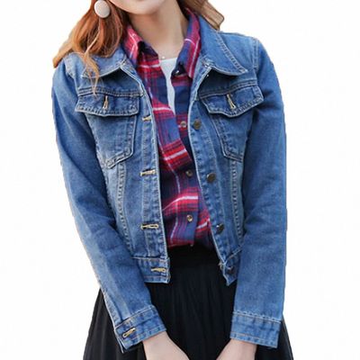 Huiwa Womens Denim Jacket Plus Size S4Xl Short for Solid Long Sleeve Street Jeans Blue L